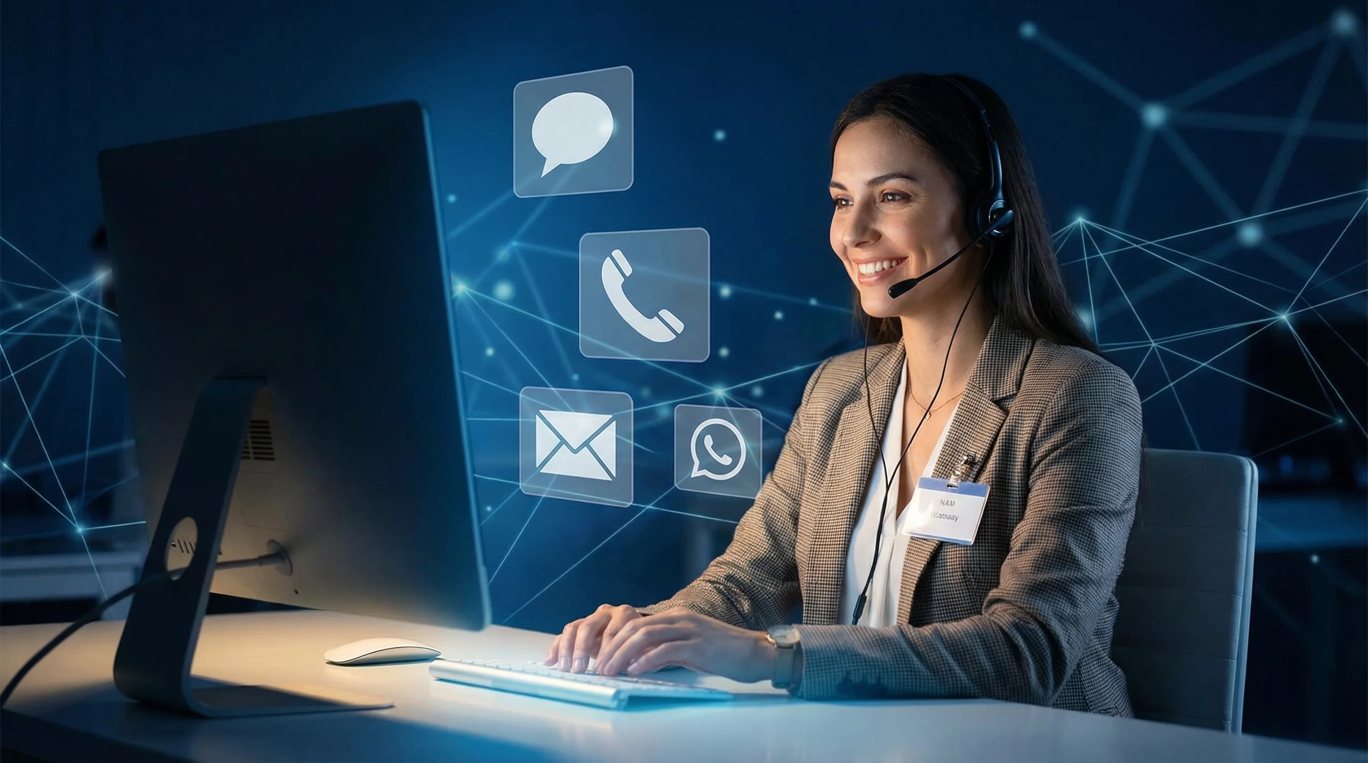 专业客服人员佩戴耳机提供在线支持