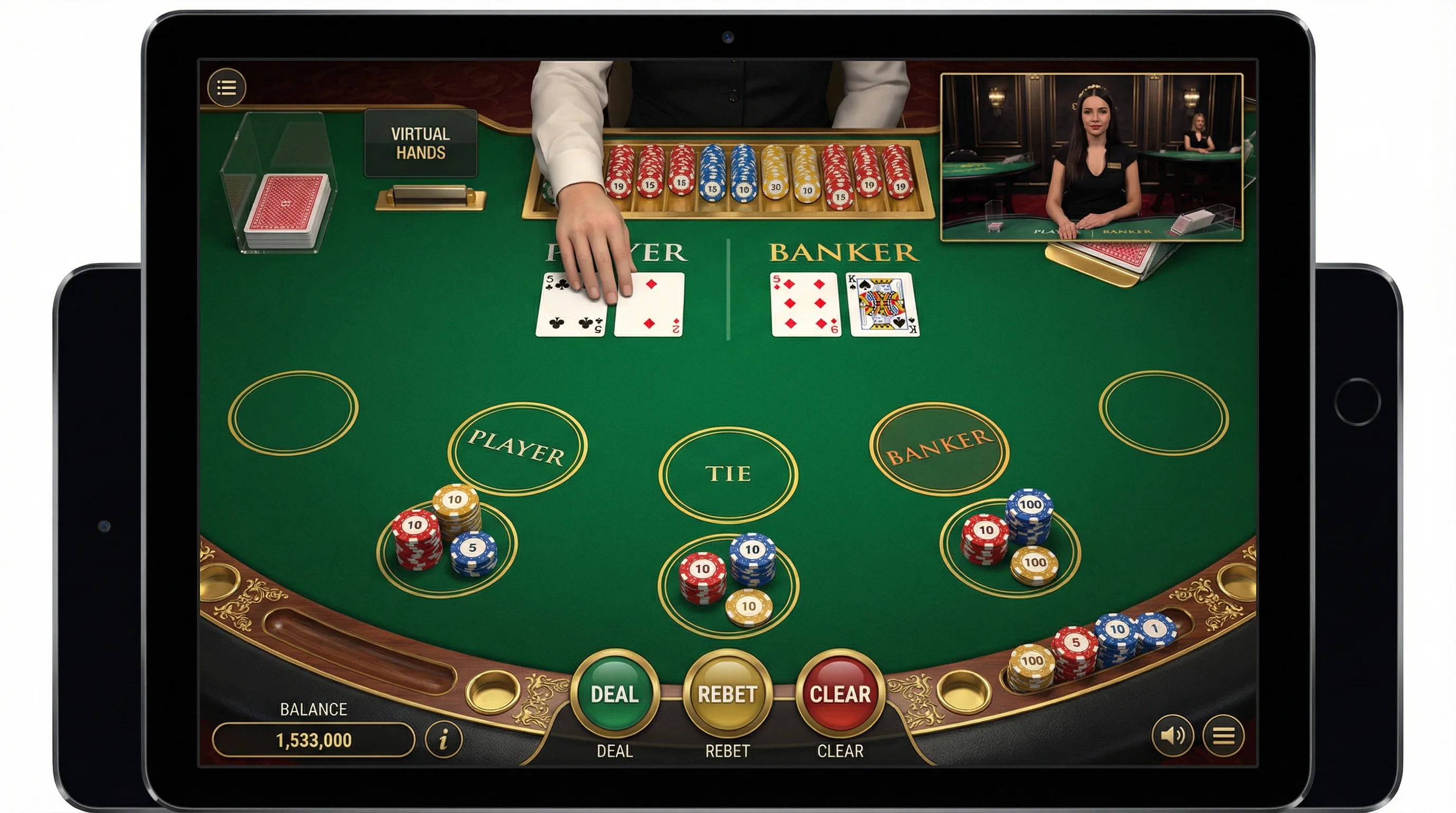 真人百家乐游戏界面，绿色牌桌上荷官正在发牌