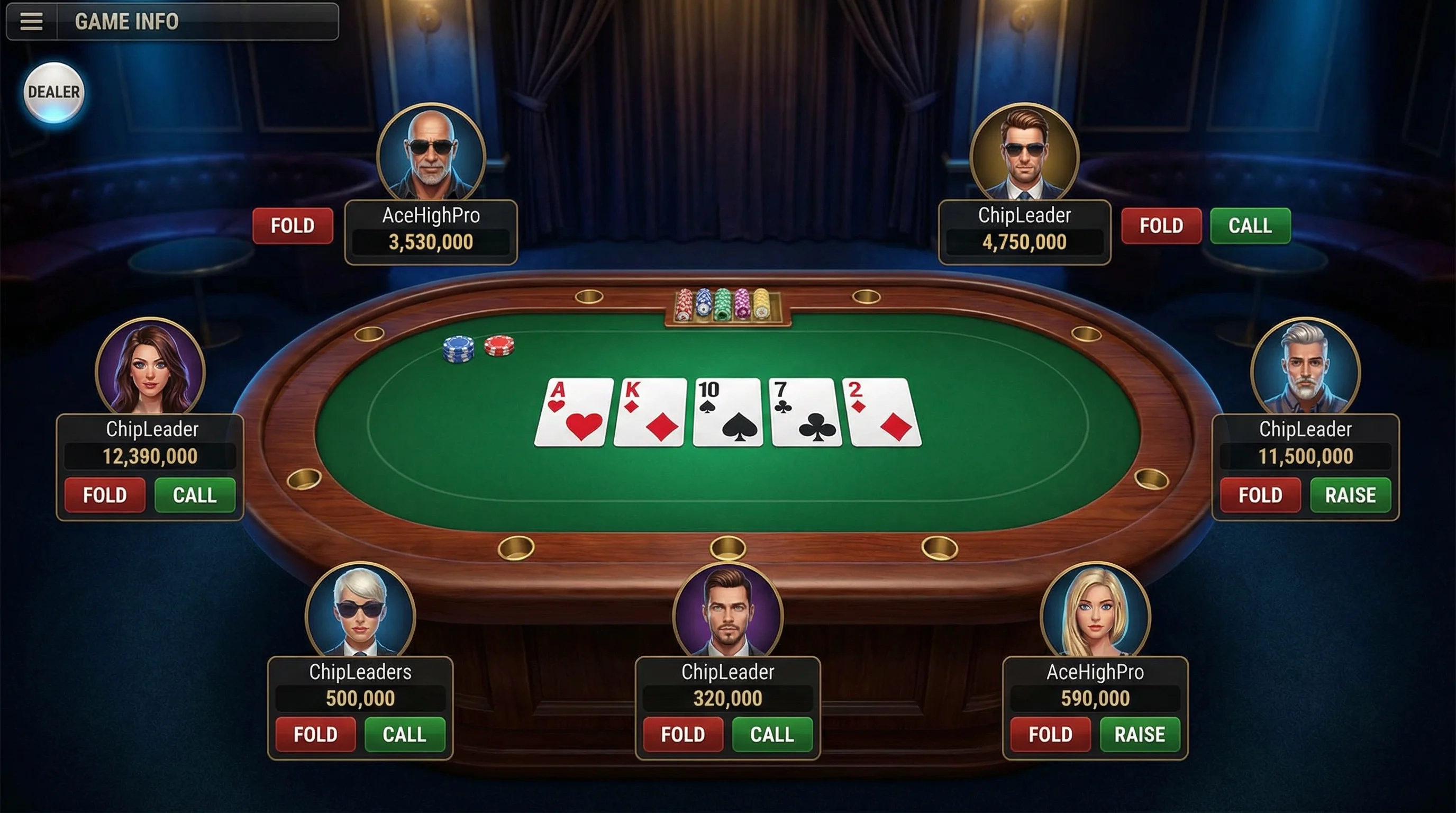 德州扑克在线游戏界面，多位玩家围坐牌桌